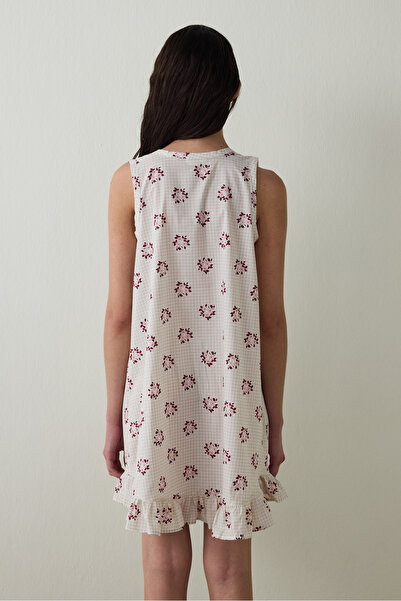 Penti Stone Color Freya Floral Patterned V-Neck Buttoned Cotton Strap Nightgown