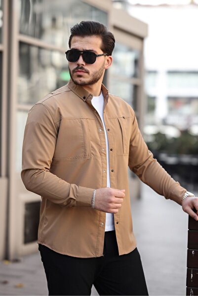 comstar Мъжка сезонна модерна кафява риза с скрит джоб и парашут