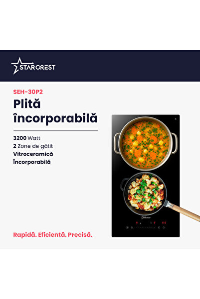 STARCREST SEH-30P2 Built-in Ceramic Hob, 2 Cooking Zones, 3200W, Slider Touch, Timer, Black