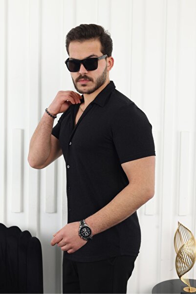 comstar Ανδρικό κοντομάνικο μαύρο λινό πουκάμισο με μοτίβο