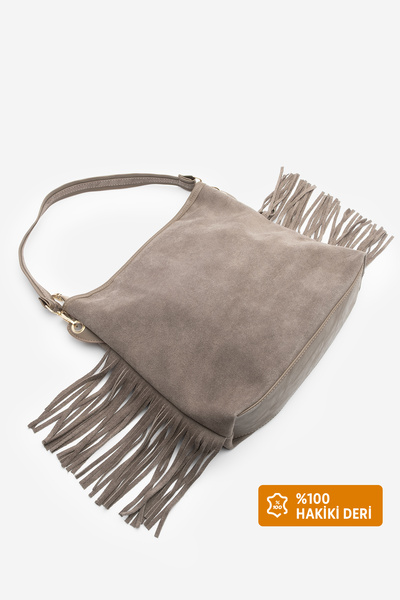 Marjin Women's Genuine Leather Tassel Detailed Hand and Shoulder Bag Soliga Mink Suede