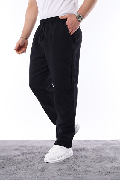 comstar Men's Elastic Waist Loose Black Linen Baggy Trousers