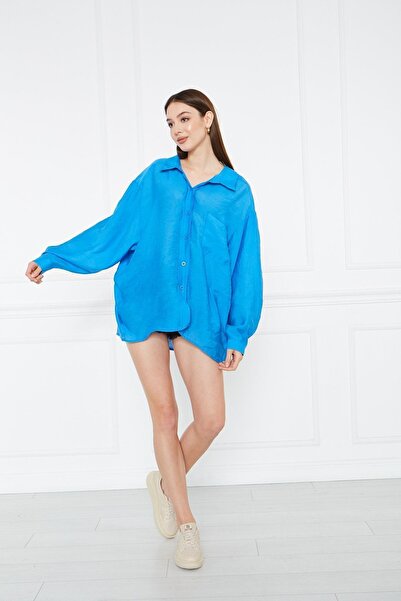 comstar Жіноча довга рукава Oversize Літня Basic Синя сорочка