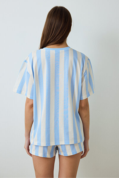 Penti Açık Mavi Cute To Work Pamuklu Çizgili Bisiklet Yaka Kısa Kollu Şortlu Pijama Takımı