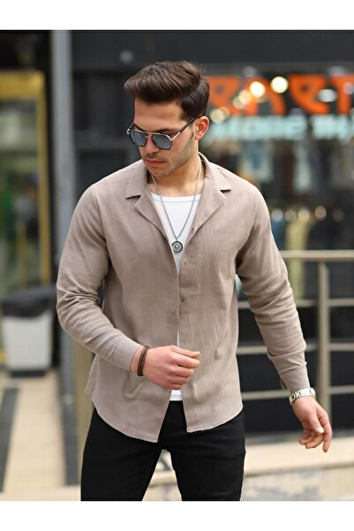 comstar Мъжка обикновена риза от лен с двойна яка и дълъг ръкав, кафява