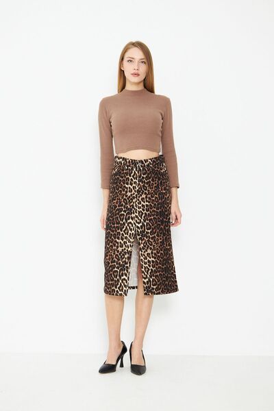 comstar Women's High Waist Slit Leopard Pattern Coffee Denim Skirt