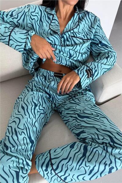 COCCOLARSI Eleganza Selvaggia Mavi Uzun Pijama Takımı