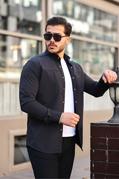 comstar Ανδρικό εποχιακό μαύρο πουκάμισο με κρυφό αλεξίπτωτο τσέπης