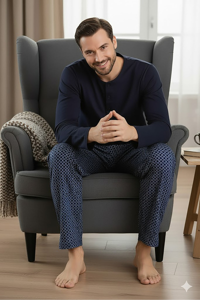 Bravie 100% Cotton Men's Combed Cotton Pajama Set with Buttoned Collar 9705 Dark Navy Blue