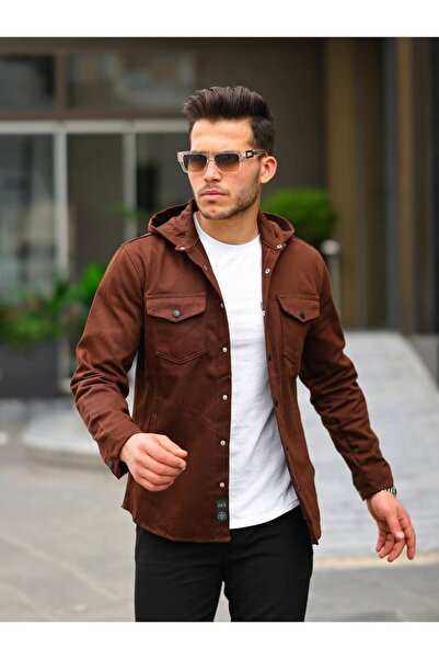 comstar Мъжка кафява дънкова риза с качулка и тик-так