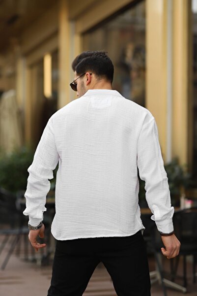 comstar Men's Basic Double Breasted Collar Long Sleeve White Linen Shirt