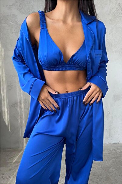 COCCOLARSI Vento Della Notte Saks Mavisi Saten Uzun Üçlü Pijama Takımı