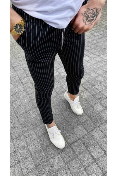 Veys Moda Unisex Siyah Slim Fit Çizgili Jogger Pantolon