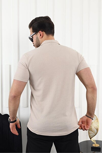 comstar Чоловіча сорочка з коротким рукавом з кремового льону з власним візерунком