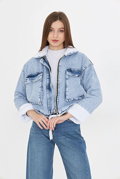 comstar Palton din denim cu guler, maneci si blana moale de pluș