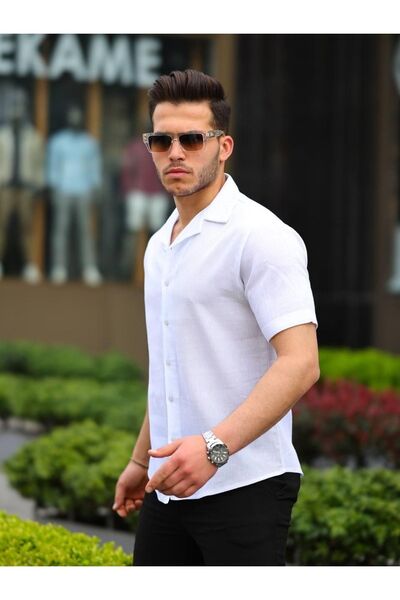 comstar Cămașă cu mânecă scurtă și guler șal pentru bărbați din material de in