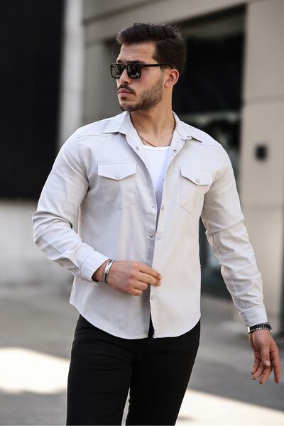 comstar Men's Seasonal Trend White Denim Shirt with Pockets and Snap Fasteners