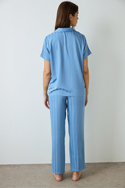 Penti Mavi Luna Saten Gömlek Yaka Kısa Kollu Pijama Takımı