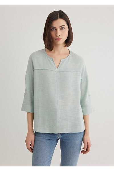 Mavi V Yaka Yeşil Bluz 121357-70808