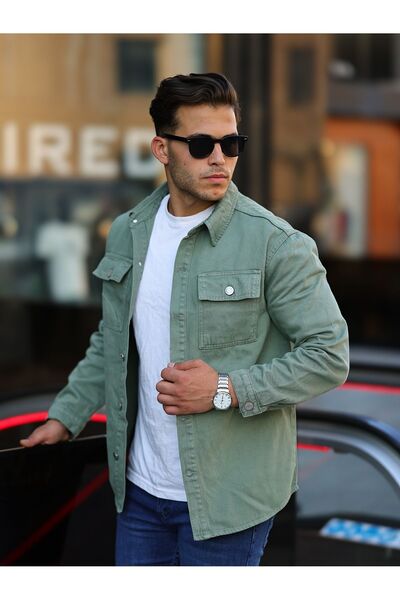 comstar Men's Oversize Cover Pocket Basic Loose Green Denim Shirt