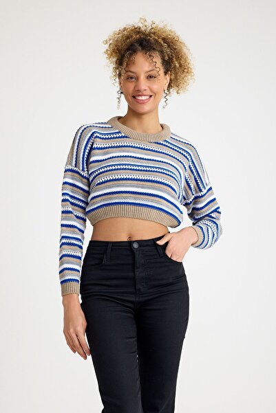 comstar Pulover crop albastru casual cu găuri la modă pentru femei