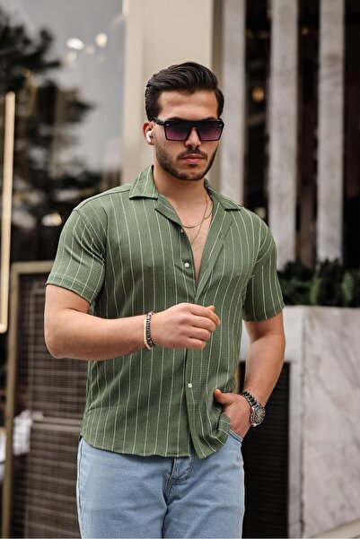 comstar Men's Trend Summer Short Sleeve Striped Green Shirt
