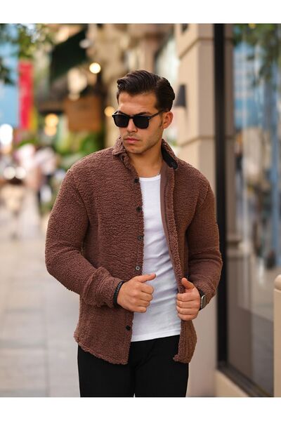 comstar Men's Winter Fur Basic Brown Loose Plush Shirt