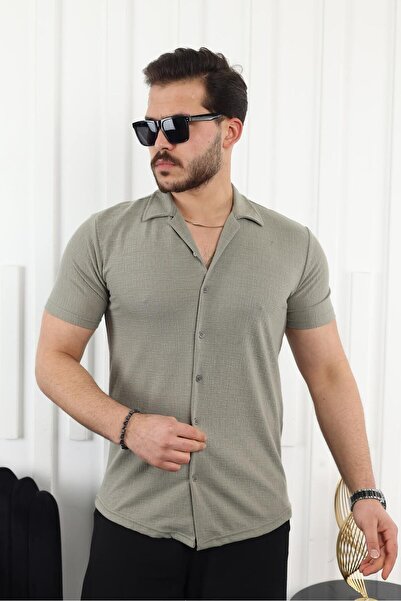comstar Чоловіча сорочка з коротким рукавом із зеленого льону з візерунком