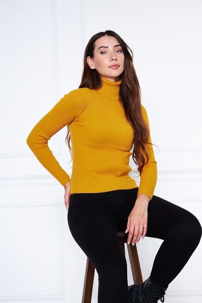 comstar Women's Casual Turtleneck Turtleneck Yellow Ribbed Sweater