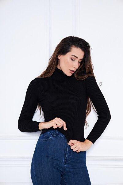 comstar Pulover cu guler negru cu coaste casual pentru damă