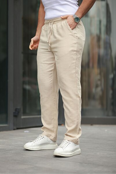 comstar Men's Elastic Waist Loose Cream Linen Baggy Trousers