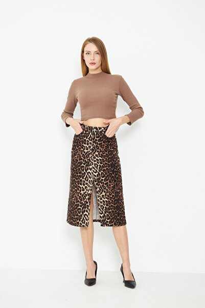 comstar Γυναικεία τζιν φούστα με ψηλόμεσο σχέδιο λεοπάρ καφέ