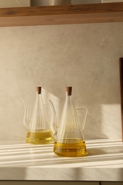 Dekorzdükkan 2-Piece Acacia Stoppered Striped Model Jug Oil Pot (750ml)