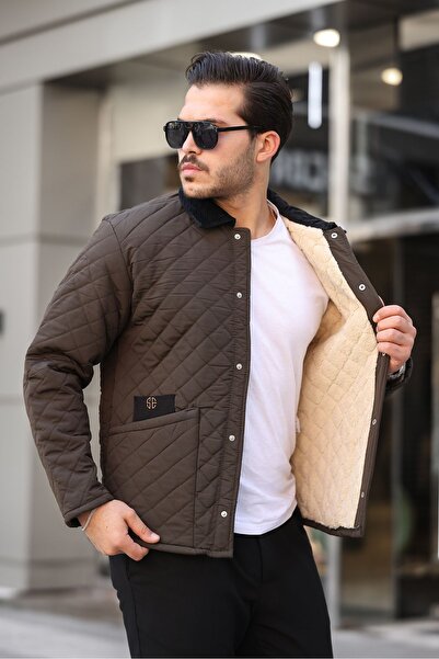 comstar Чоловічий кашеміровий пальто з хутром на комірі, кавовий колір, стьобаний