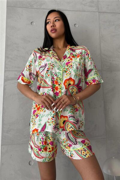 COCCOLARSI Motivi Etnici Beyaz Viskon Kısa Pijama Takımı