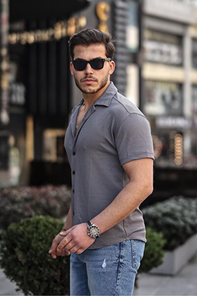 comstar Ανδρικό καλοκαιρινό ελαστικό στενό βασικό κοντομάνικο καπνιστό πουκάμισο