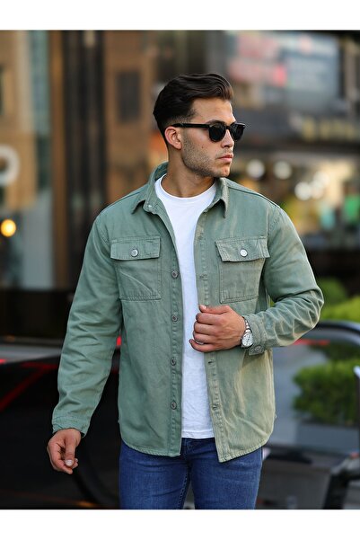 comstar Men's Oversize Cover Pocket Basic Loose Green Denim Shirt