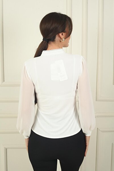 By Saygı Women's Buttoned Front Sleeves Tulle Prevailing Collar Shirt