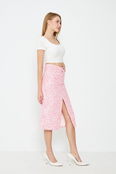 comstar Women's High Waist Slit Leopard Pattern Pink Denim Skirt