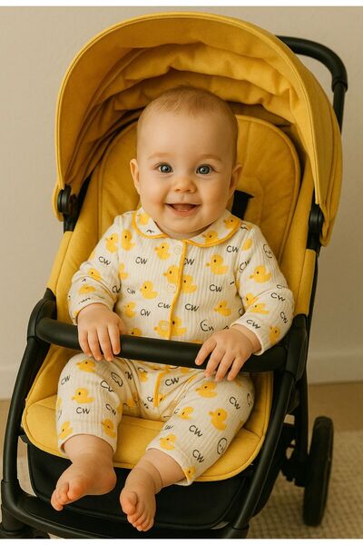 anne dokunuşu gibi KUZUM BEBE 2’li Fitilli Kumaş Civciv Desenli Kız Erkek Bebek Çocuk Alt Üst Pijama Takımı