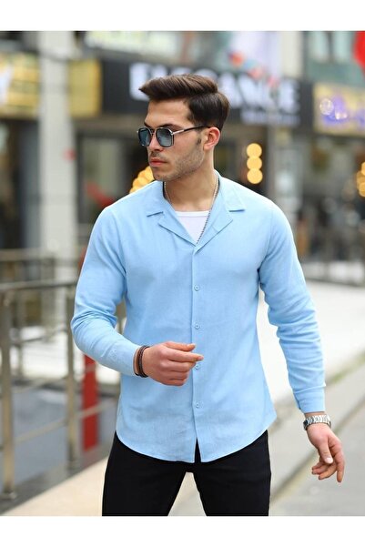 comstar Ανδρικό πουκάμισο με διπλό γιακά μακρυμάνικο μπλε λινό