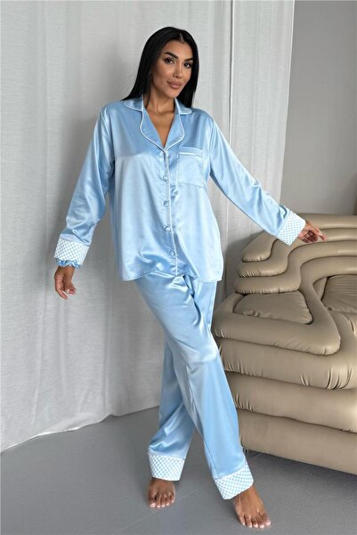 COCCOLARSI Liscio e Quadri Bebe Mavisi Saten Uzun Pijama Takımı