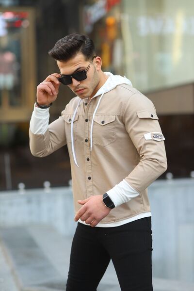 WOWA COMPANY Erkek Slim Fit Penye Kapüşonlu Düğmeli Kot Gömlek