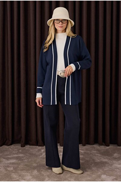 HEQA Синьо-бежевий офісний кардиган - з стрічковою обробкою