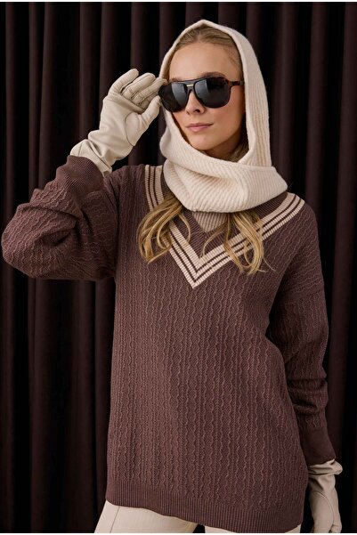 HEQA V Yaka Dokulu Triko Kahverengi