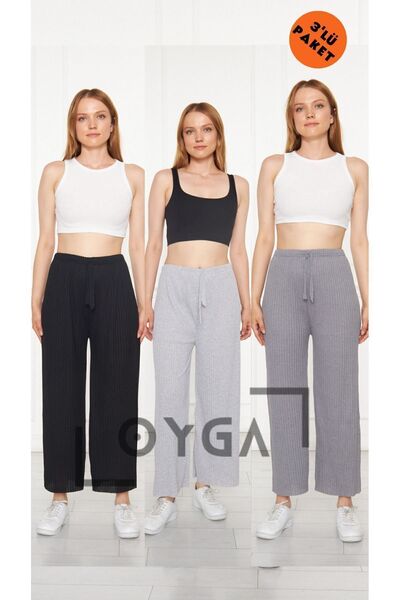 Oyga Μαύρο 3 τεμαχίων - Γκρι-smoked Γυναικείο κοτλέ άνετο παντελόνι & αθλητική φόρμα, casual Comfortable Home Wear Pijamas