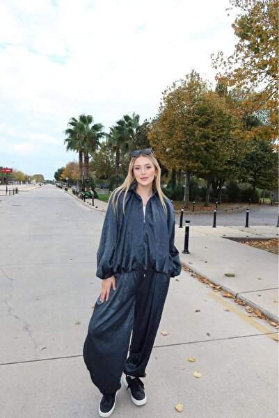 MY DEPO Σετ υπερμεγέθη από σατέν με ρυτίδες – Μπλούζα με φερμουάρ & παντελόνι με φαρδύ πόδι