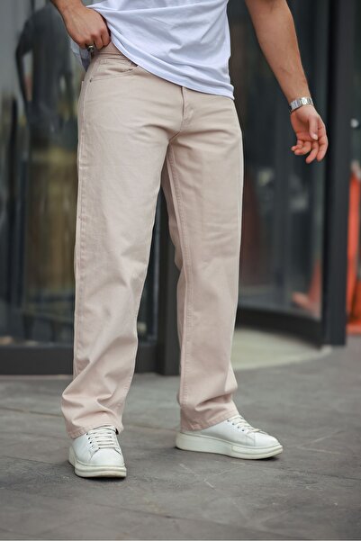 comstar Men's Wide Leg Basic High Waist Cream Baggy Trousers