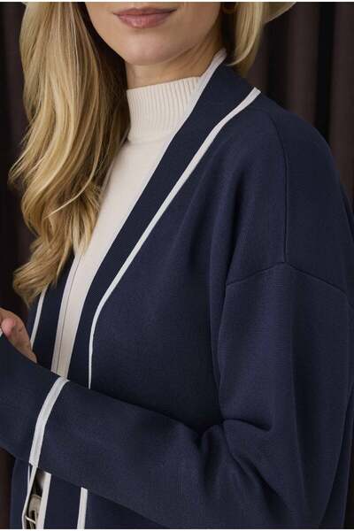 HEQA Cardigan de birou bleumarin-ecru - cu detalii cu dungi