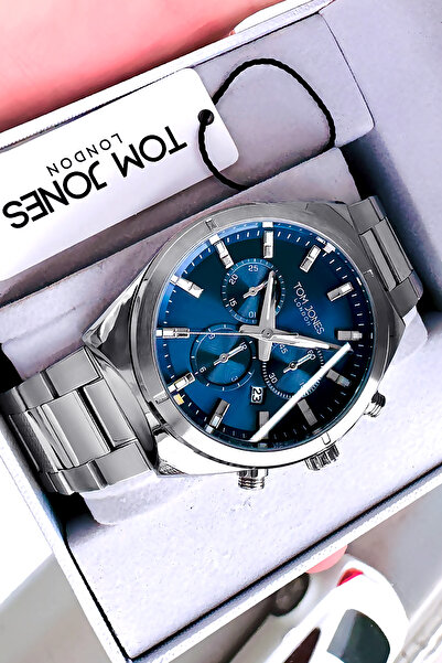 Tom Jones ساعة يد رجالية أصلية 3 Atm مقاومة للماء باللون الفضي وسوار فولاذي G...